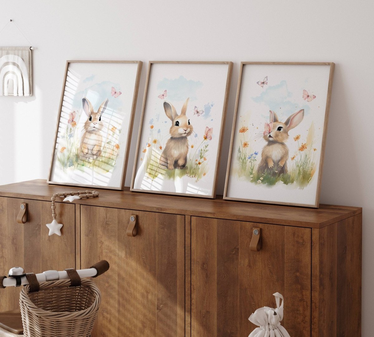 Bunny Nursery Wall Prints | Set of 3 | Wildflower & Butterfly Wall Art for Baby Girl's Room - RoseRowanDesign -