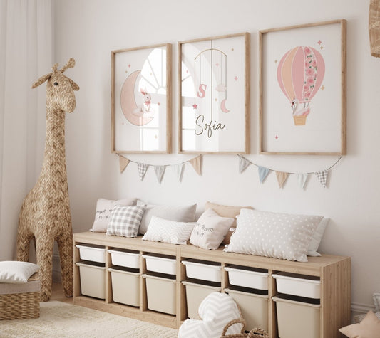 Bunny Personalised Set of 3 Wall Prints | Wall Art for Nursery, Bedroom or Playroom - RoseRowanDesign - Wall Art