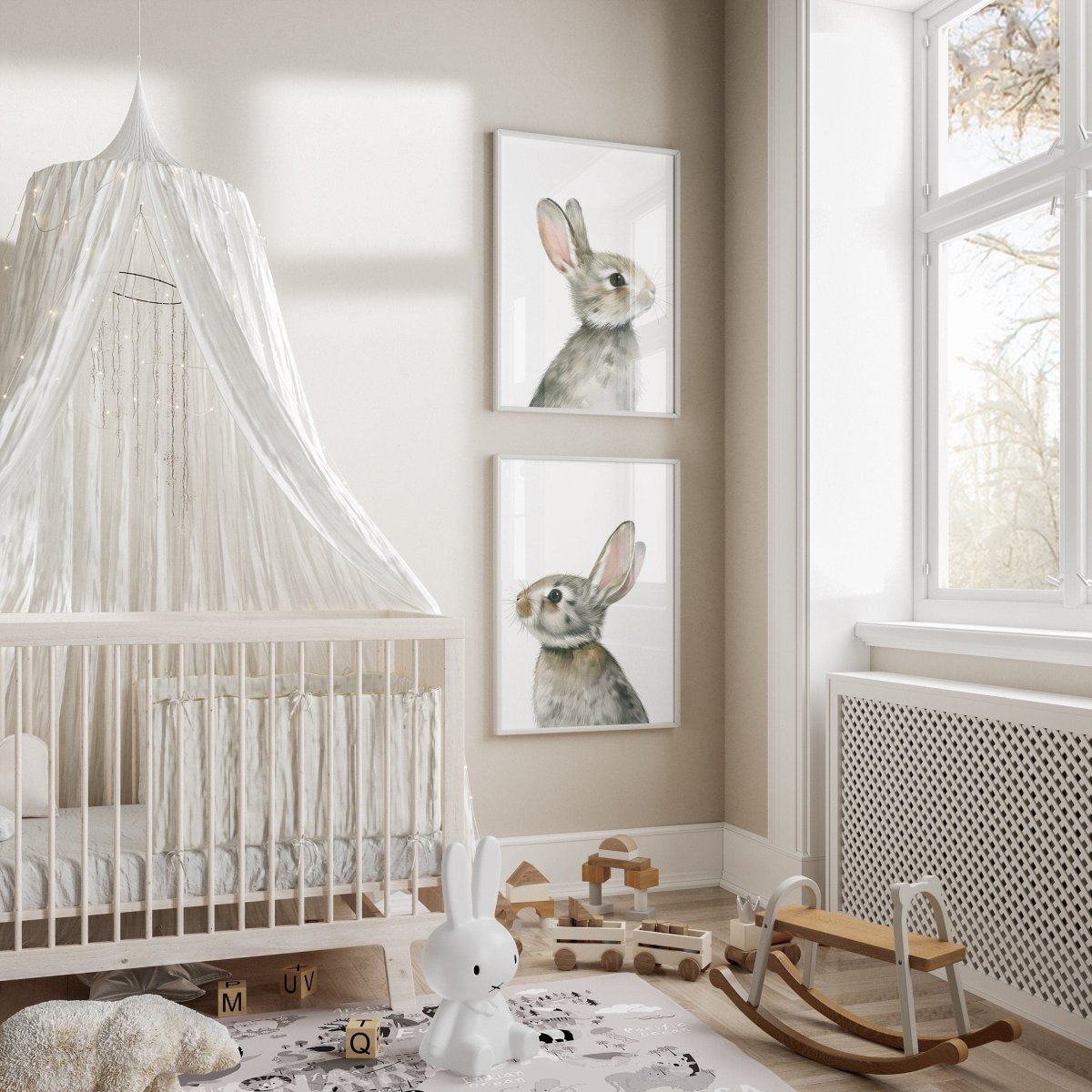 Bunny Prints for Nursery | Set of 2 Grey Rabbit Wall Art | Gender Neutral Decor - RoseRowanDesign - Wall Art