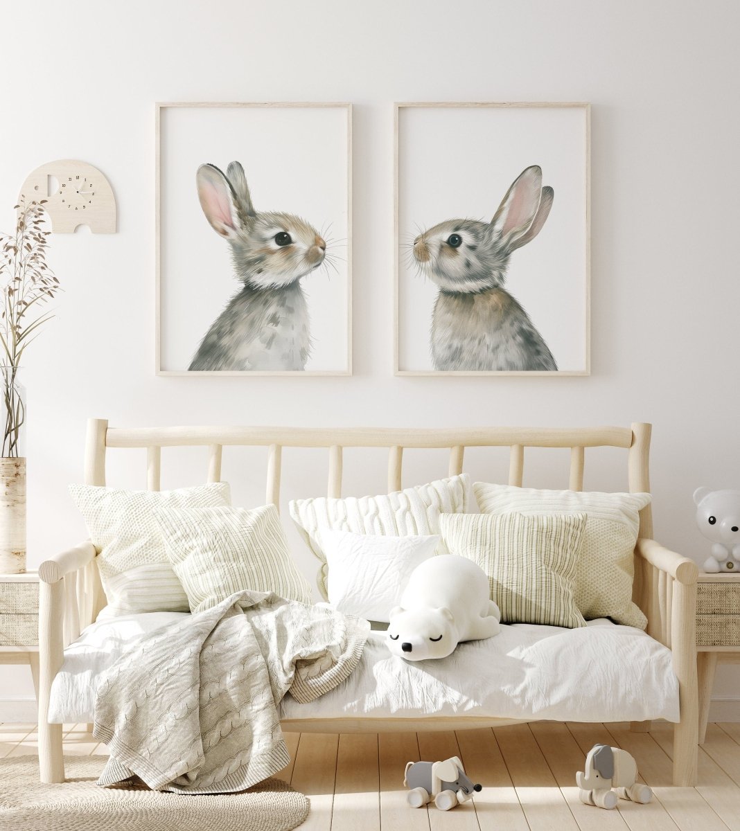 Bunny Prints for Nursery | Set of 2 Grey Rabbit Wall Art | Gender Neutral Decor - RoseRowanDesign - Wall Art