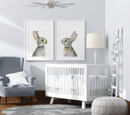 Bunny Prints for Nursery | Set of 2 Grey Rabbit Wall Art | Gender Neutral Decor - RoseRowanDesign - Wall Art