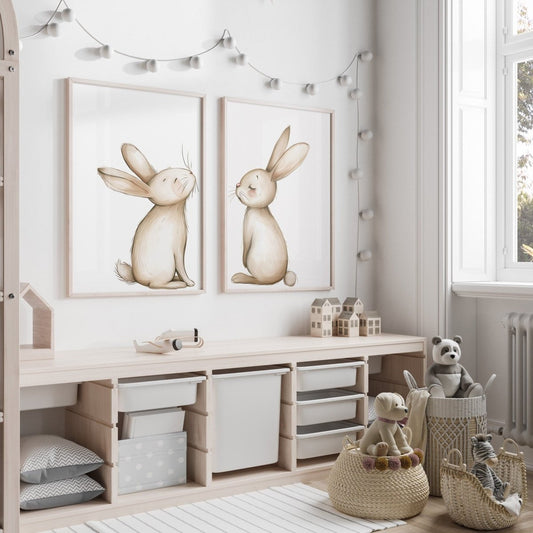 Bunny Prints for Nursery | Set of 2 Rabbit Wall Art | Gender Neutral Kids Room Decor - RoseRowanDesign - Wall Art
