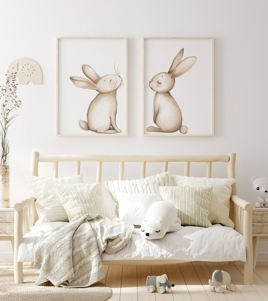 Bunny Prints for Nursery | Set of 2 Rabbit Wall Art | Gender Neutral Kids Room Decor - RoseRowanDesign - Wall Art