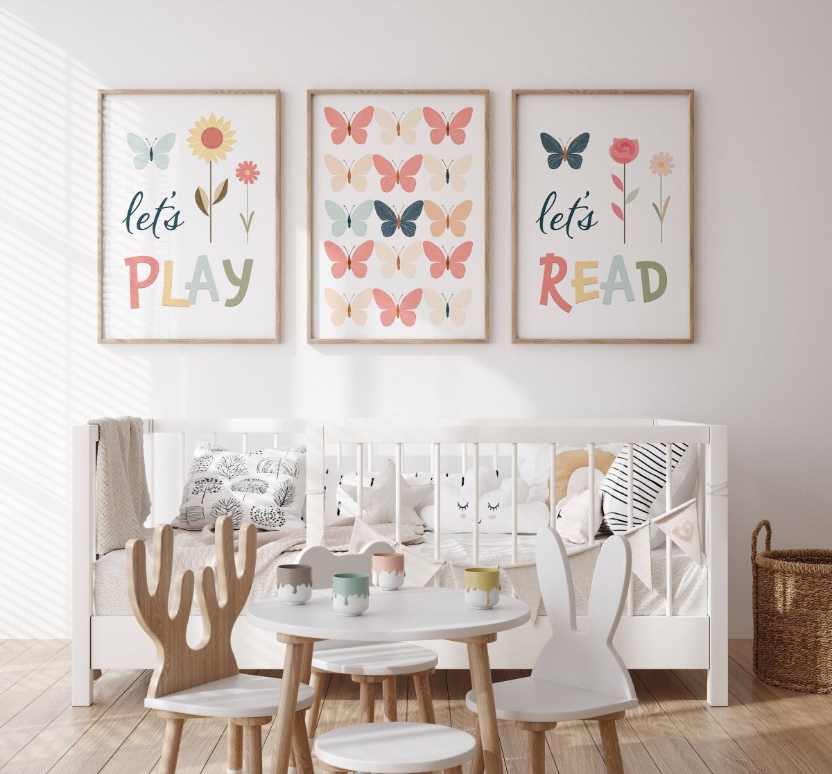Butterflies and Flowers | Set of 3 Nursery Wall Art | Girls Bedroom Prints - RoseRowanDesign - Wall Art