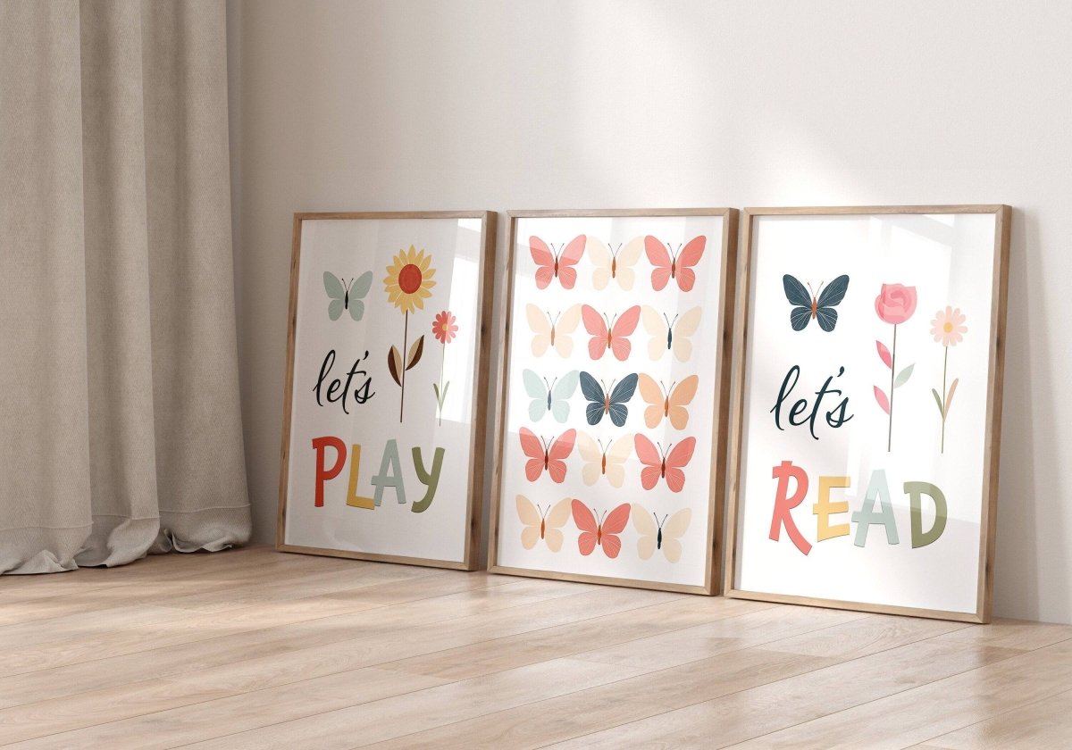 Butterflies and Flowers | Set of 3 Nursery Wall Art | Girls Bedroom Prints - RoseRowanDesign - Wall Art