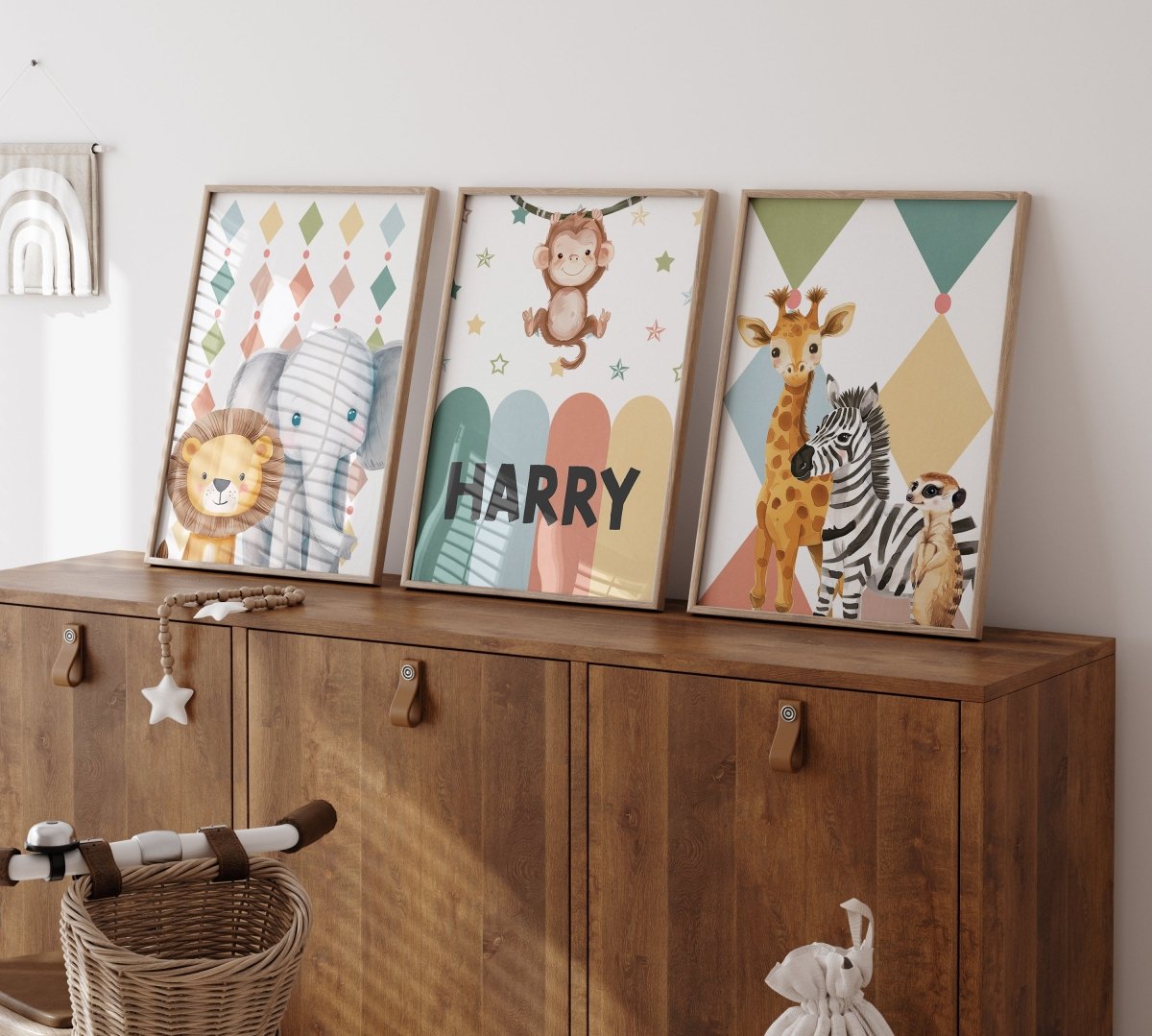 Carnival Safari Animals Nursery Wall Art | Set of 3 Prints | Personalised Name - RoseRowanDesign - Wall Art