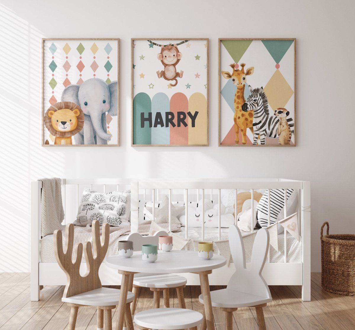 Carnival Safari Animals Nursery Wall Art | Set of 3 Prints | Personalised Name - RoseRowanDesign - Wall Art