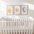 Load image into Gallery viewer, Celestial Nursery Wall Art Set of 3, Sun Moon and Star Prints in Optional Oak or White Frames, Gender Neutral Baby Room Decor, A5 - A2 Sizes - RoseRowanDesign -