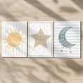 Load image into Gallery viewer, Celestial Nursery Wall Art Set of 3, Sun Moon and Star Prints in Optional Oak or White Frames, Gender Neutral Baby Room Decor, A5 - A2 Sizes - RoseRowanDesign -