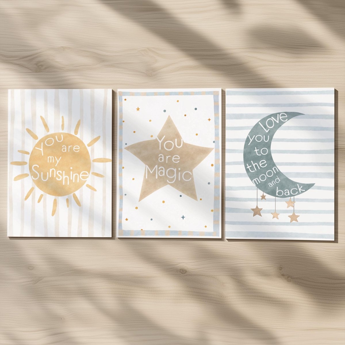 Celestial Nursery Wall Art Set of 3, Sun Moon and Star Prints in Optional Oak or White Frames, Gender Neutral Baby Room Decor, A5 - A2 Sizes - RoseRowanDesign -