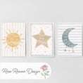 Load image into Gallery viewer, Celestial Nursery Wall Art Set of 3, Sun Moon and Star Prints in Optional Oak or White Frames, Gender Neutral Baby Room Decor, A5 - A2 Sizes - RoseRowanDesign -