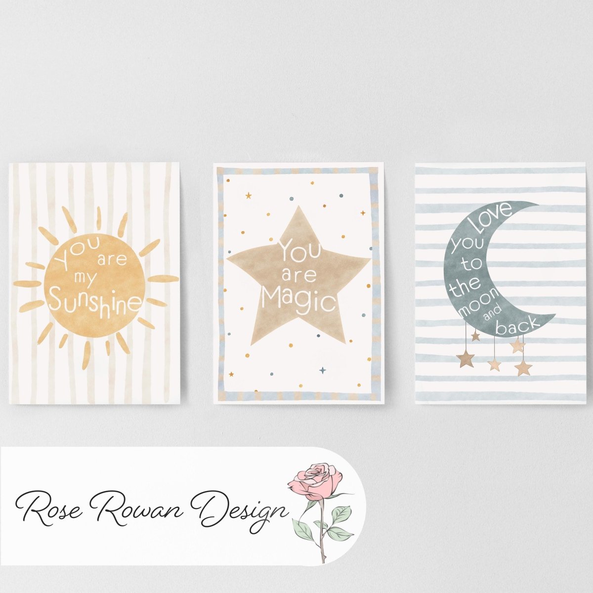 Celestial Nursery Wall Art Set of 3, Sun Moon and Star Prints in Optional Oak or White Frames, Gender Neutral Baby Room Decor, A5 - A2 Sizes - RoseRowanDesign -