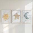Load image into Gallery viewer, Celestial Nursery Wall Art Set of 3, Sun Moon and Star Prints in Optional Oak or White Frames, Gender Neutral Baby Room Decor, A5 - A2 Sizes - RoseRowanDesign -