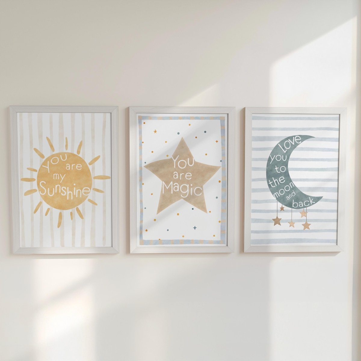 Celestial Nursery Wall Art Set of 3, Sun Moon and Star Prints in Optional Oak or White Frames, Gender Neutral Baby Room Decor, A5 - A2 Sizes - RoseRowanDesign -