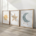 Load image into Gallery viewer, Celestial Nursery Wall Art Set of 3, Sun Moon and Star Prints in Optional Oak or White Frames, Gender Neutral Baby Room Decor, A5 - A2 Sizes - RoseRowanDesign -