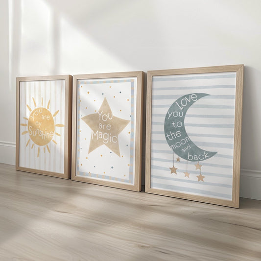 Celestial Nursery Wall Art Set of 3, Sun Moon and Star Prints in Optional Oak or White Frames, Gender Neutral Baby Room Decor, A5 - A2 Sizes - RoseRowanDesign -