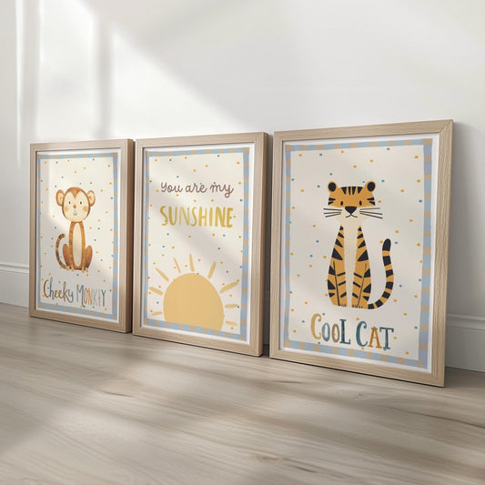 Cheeky Monkey Nursery Prints – Sunshine & Cool Cat Trio - RoseRowanDesign -