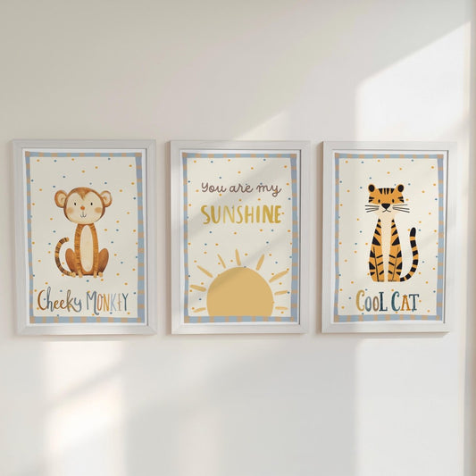 Cheeky Monkey Nursery Prints – Sunshine & Cool Cat Trio - RoseRowanDesign -