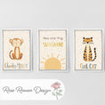 Load image into Gallery viewer, Cheeky Monkey Nursery Prints – Sunshine & Cool Cat Trio - RoseRowanDesign -