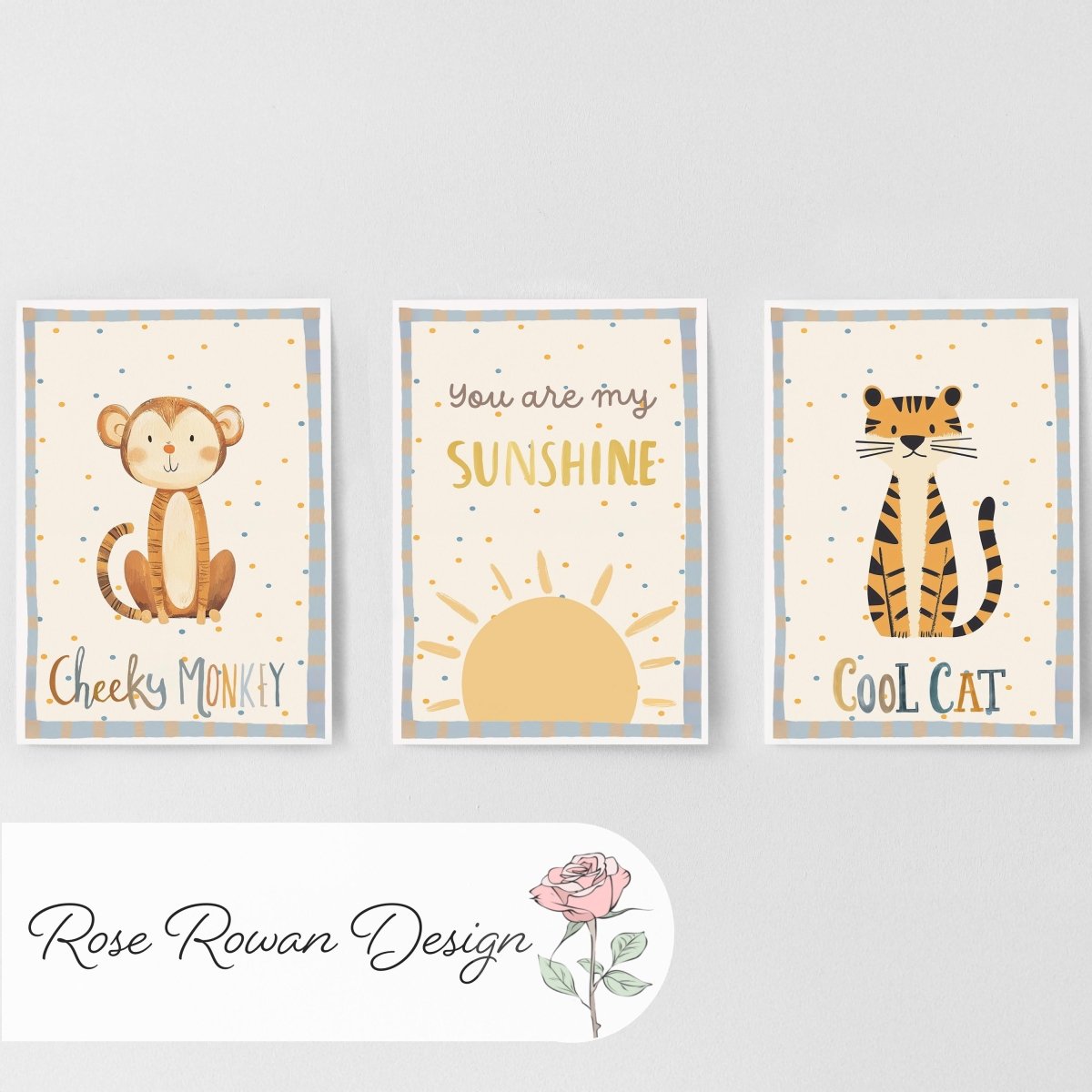 Cheeky Monkey Nursery Prints – Sunshine & Cool Cat Trio - RoseRowanDesign -