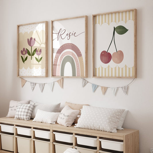 Cherries, Rainbow and Retro flowers | Set of 3 Prints | Personalised Tween Room - RoseRowanDesign - Wall Art