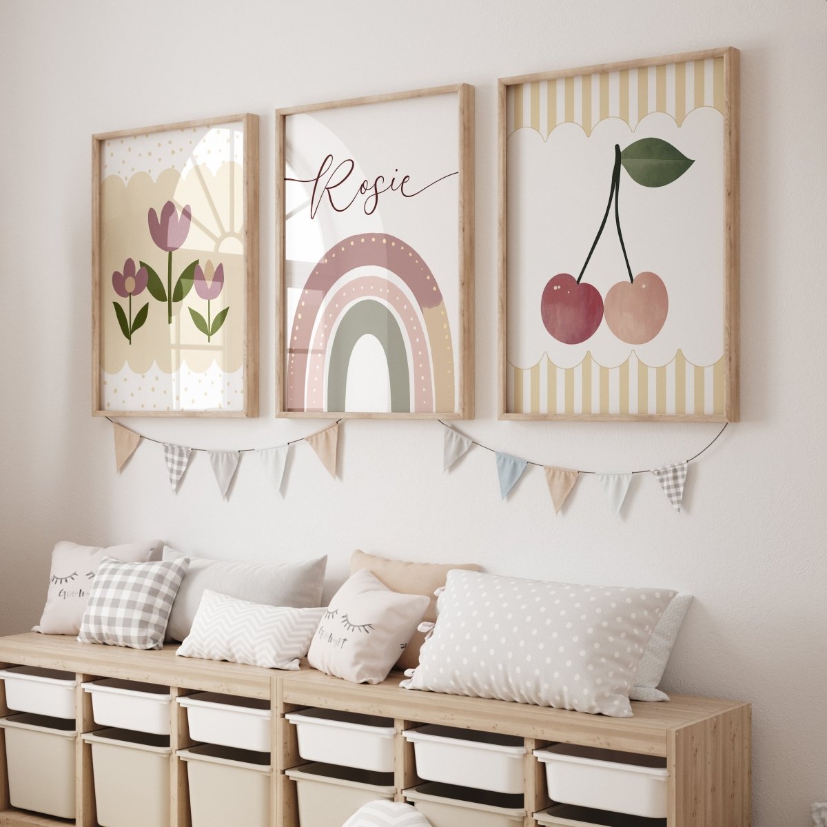 Cherries, Rainbow and Retro flowers | Set of 3 Prints | Personalised Tween Room - RoseRowanDesign - Wall Art