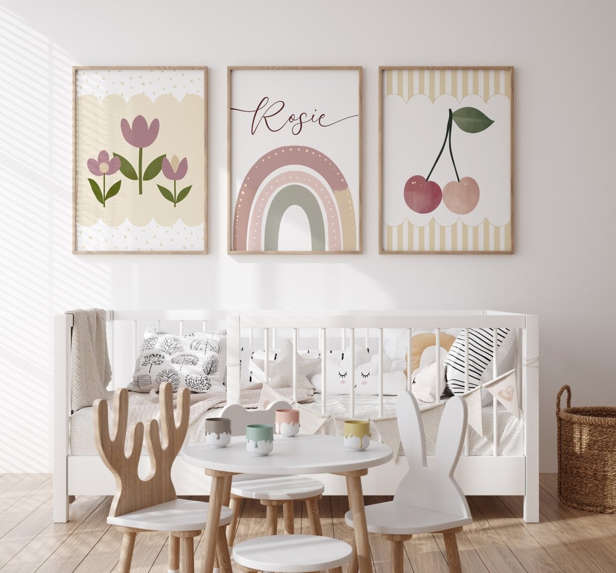 Cherries, Rainbow and Retro flowers | Set of 3 Prints | Personalised Tween Room - RoseRowanDesign - Wall Art