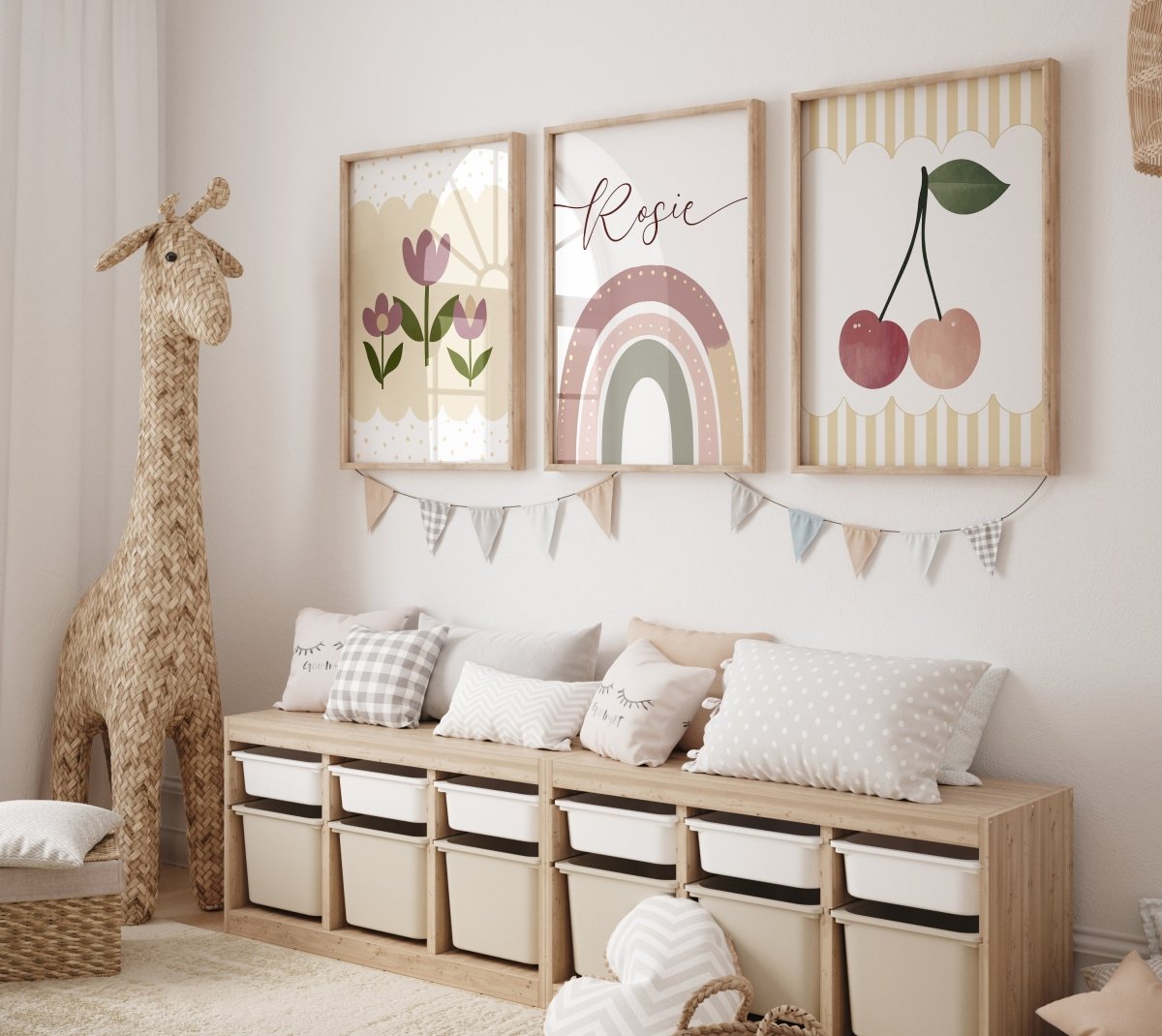 Cherries, Rainbow and Retro flowers | Set of 3 Prints | Personalised Tween Room - RoseRowanDesign - Wall Art