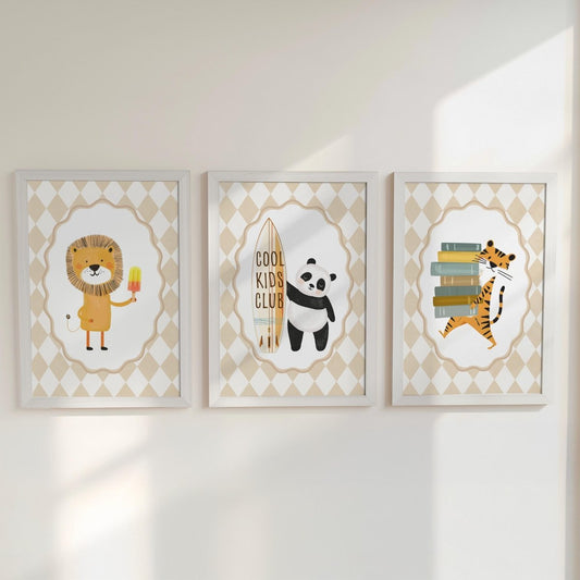 Cool Kids Club Nursery Prints – Lion, Panda & Tiger Set - RoseRowanDesign -