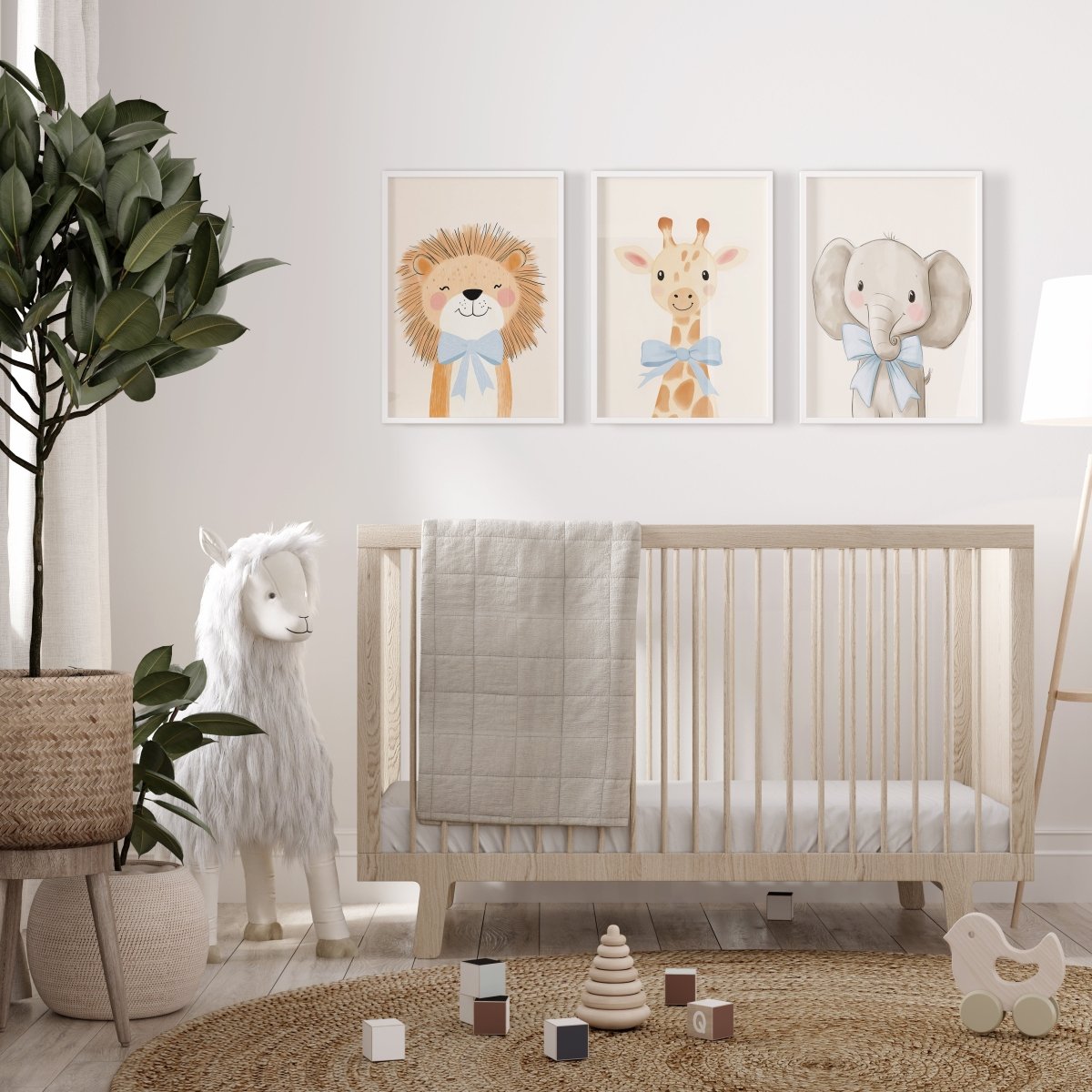 Cute Animals with Bows | Blue | Set of 3 Safari Theme Nursery Prints - RoseRowanDesign -