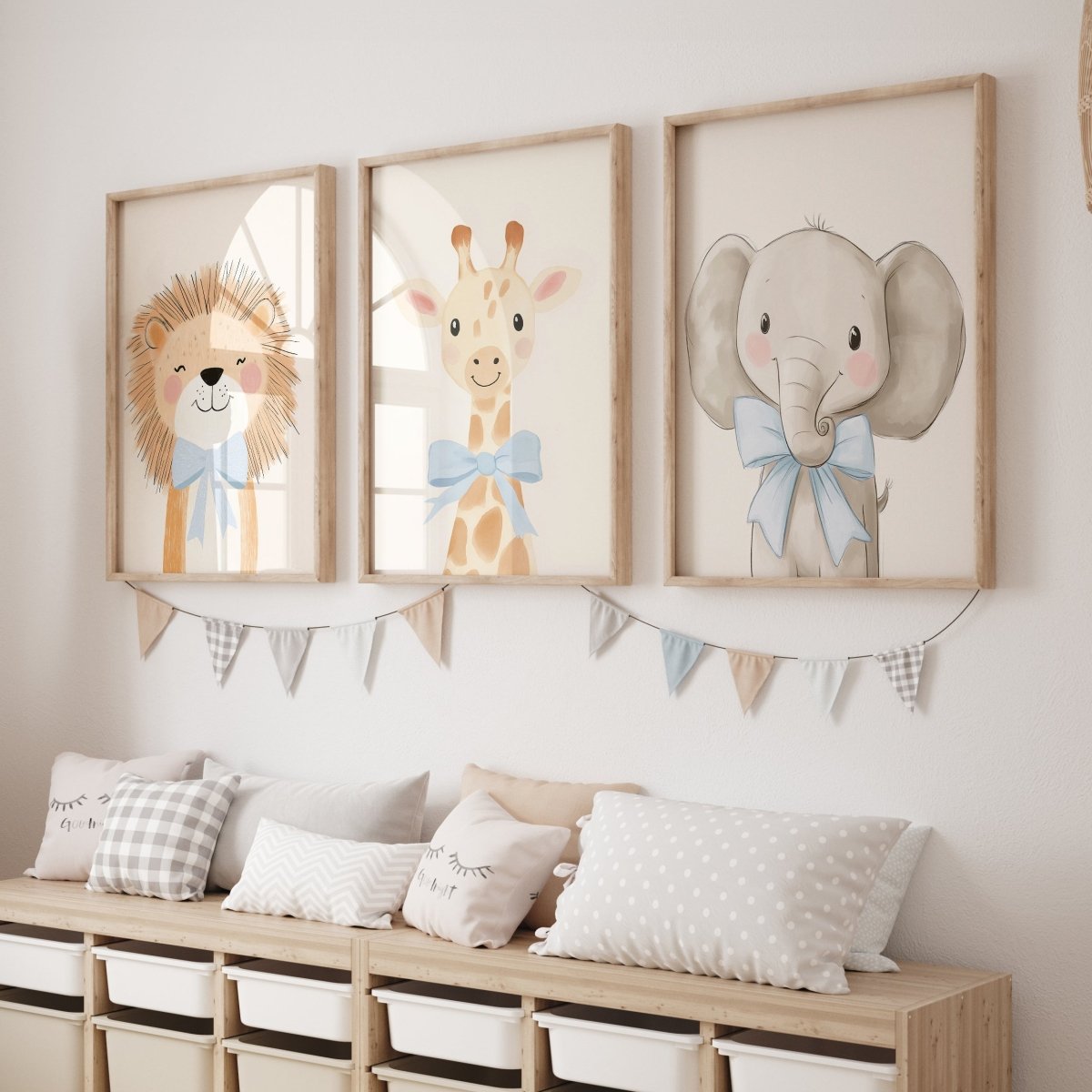 Cute Animals with Bows | Blue | Set of 3 Safari Theme Nursery Prints - RoseRowanDesign -