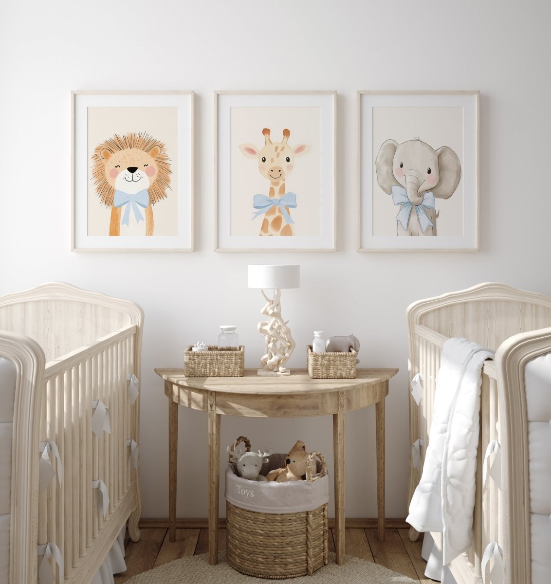 Cute Animals with Bows | Blue | Set of 3 Safari Theme Nursery Prints - RoseRowanDesign -