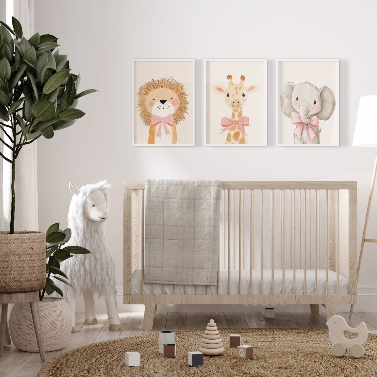 Cute Animals with Bows | Pink | Set of 3 Safari Theme Nursery Prints - RoseRowanDesign -