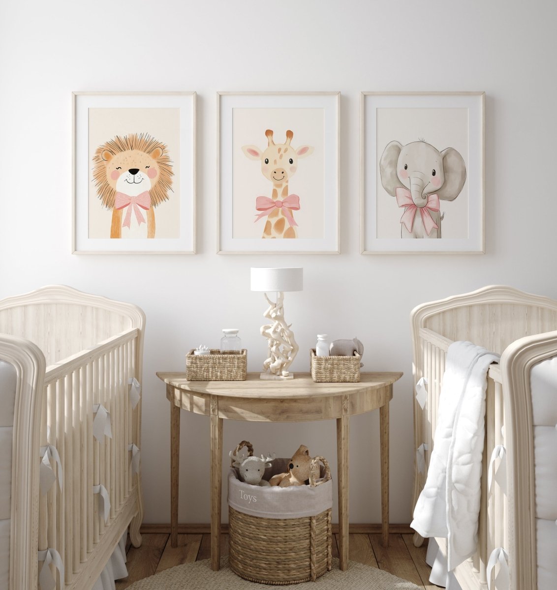 Cute Animals with Bows | Pink | Set of 3 Safari Theme Nursery Prints - RoseRowanDesign -