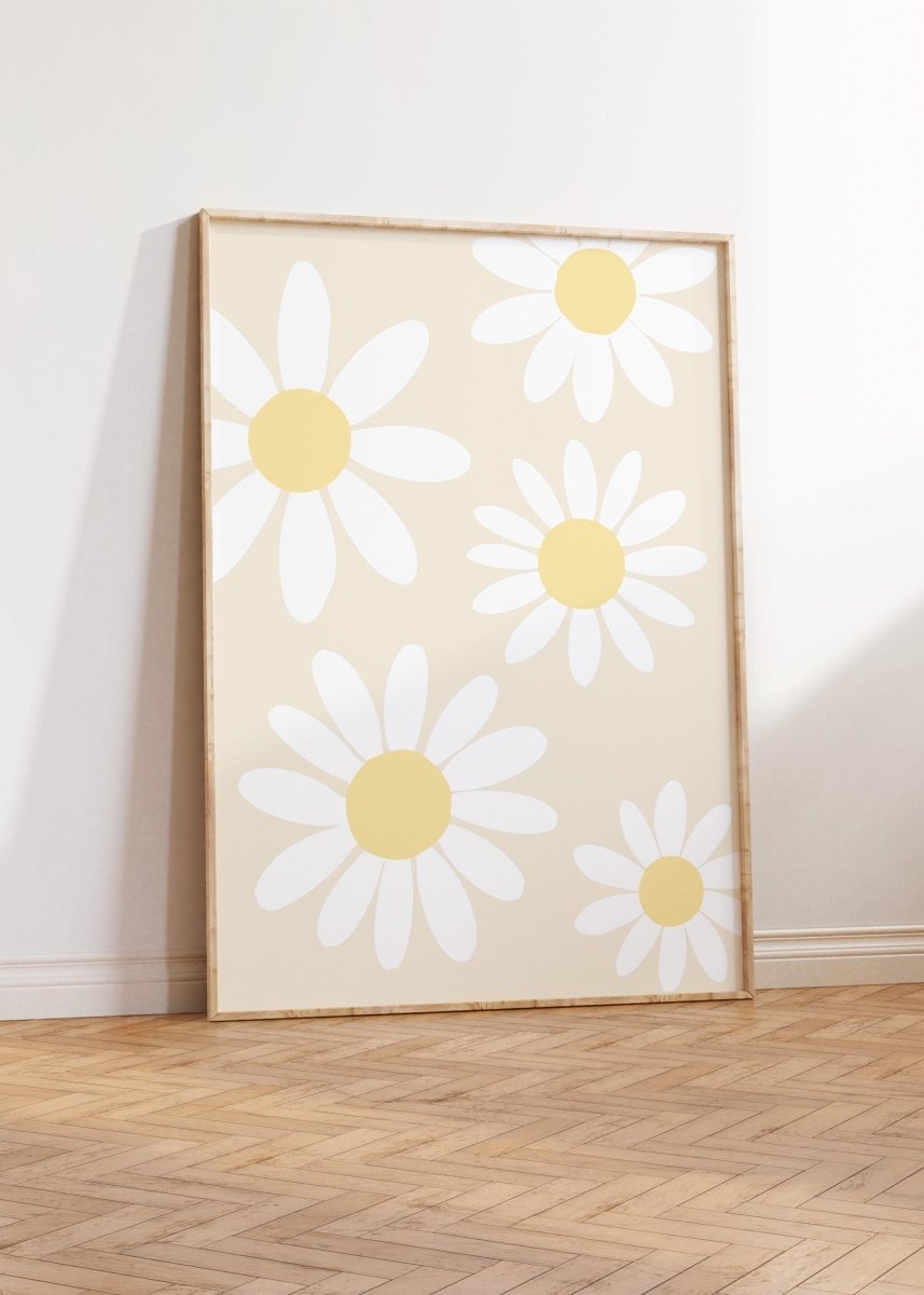 Daisy Wall Art Prints | Set of 3 | Floral Decor for Girls' Nursery, Beige Boho Playroom Wall Art - RoseRowanDesign -