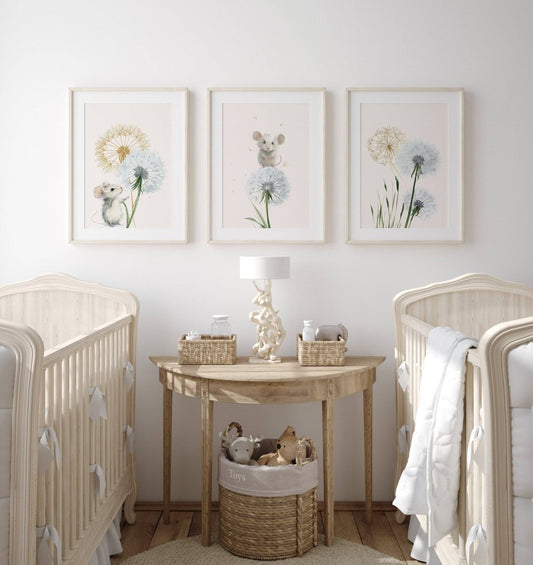 Dandelion & Mice Nursery Prints | Set of 3 | Gender Neutral Farmhouse Wall Art for Playroom Decor - RoseRowanDesign -