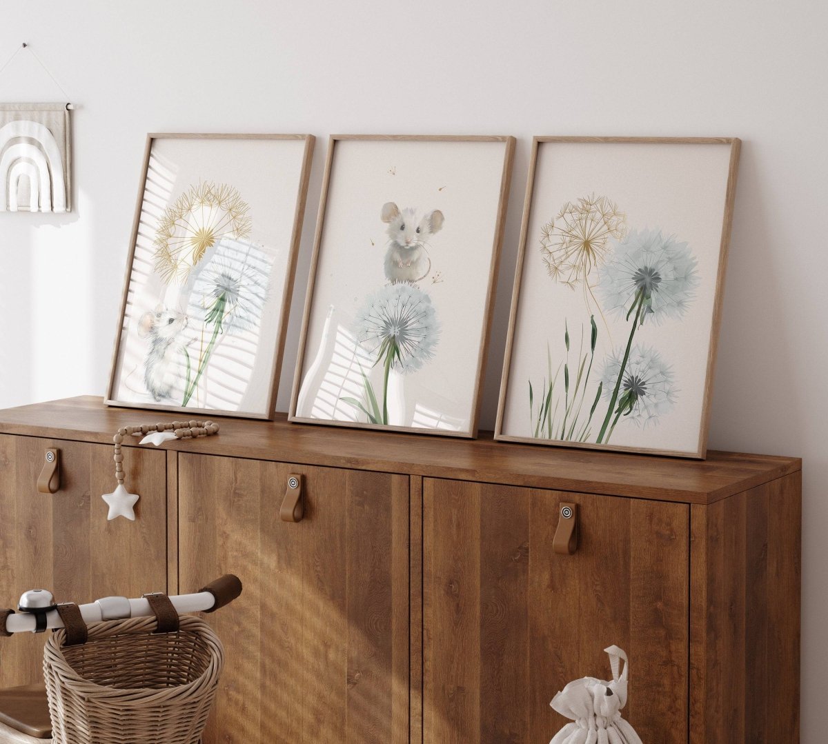 Dandelion & Mice Nursery Prints | Set of 3 | Gender Neutral Farmhouse Wall Art for Playroom Decor - RoseRowanDesign -
