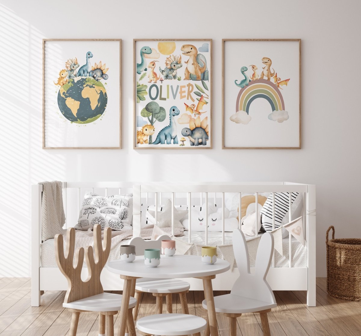 Dinosaur Personalised Set of 3 Wall Prints | Wall Art for Nursery, Bedroom or Playroom - RoseRowanDesign - Wall Art