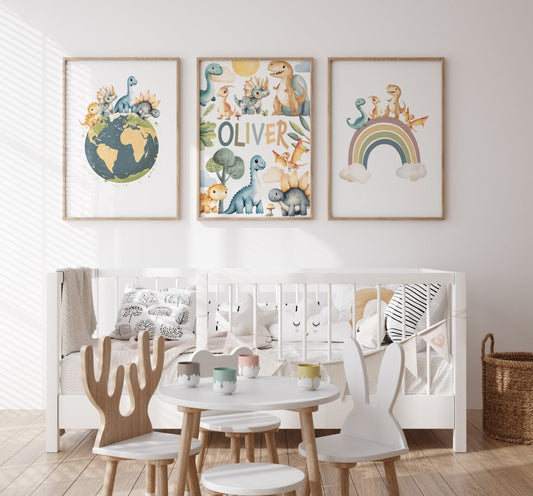 Dinosaur Personalised Set of 3 Wall Prints | Wall Art for Nursery, Bedroom or Playroom - RoseRowanDesign - Wall Art