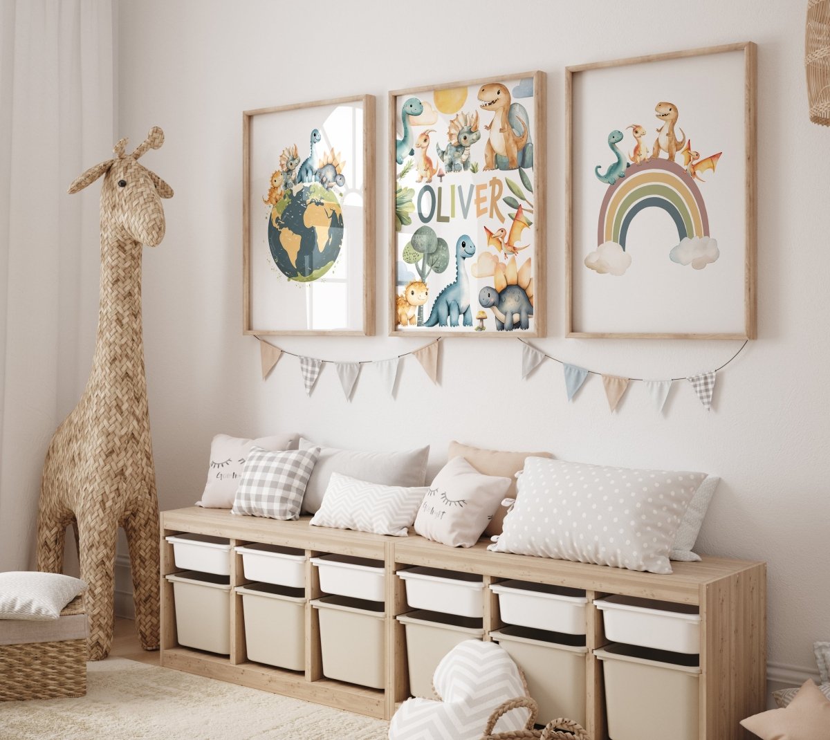 Dinosaur Personalised Set of 3 Wall Prints | Wall Art for Nursery, Bedroom or Playroom - RoseRowanDesign - Wall Art