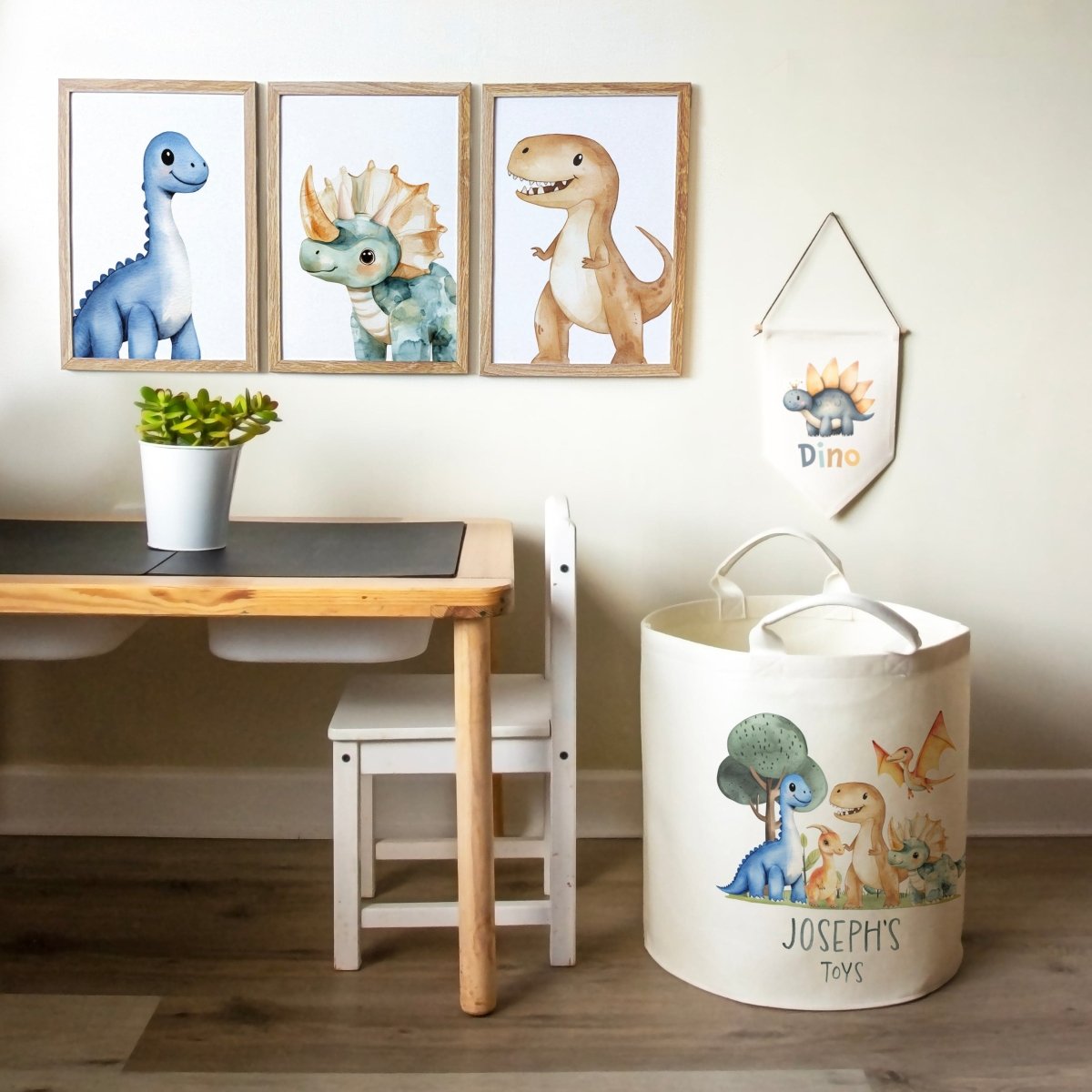 Dinosaur Themed Personalised Toy Trug for Kids Room or Nursery - RoseRowanDesign -