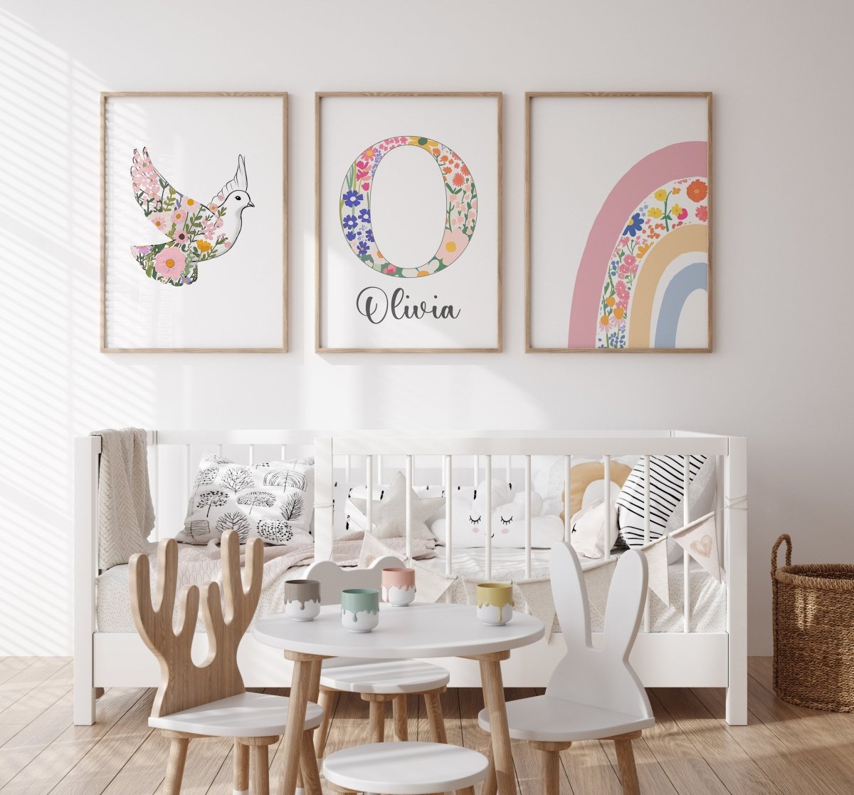 Dove Flower Personalised Set of 3 Girls Prints | Wall Art for Nursery, Bedroom or Playroom - RoseRowanDesign - Wall Art