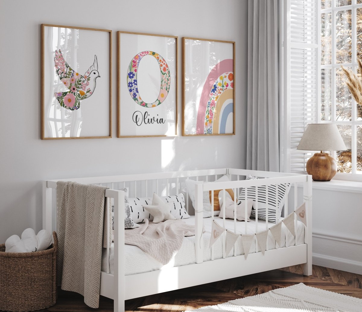 Dove Flower Personalised Set of 3 Girls Prints | Wall Art for Nursery, Bedroom or Playroom - RoseRowanDesign - Wall Art