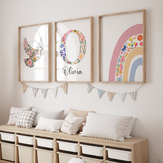 Dove Flower Personalised Set of 3 Girls Prints | Wall Art for Nursery, Bedroom or Playroom - RoseRowanDesign - Wall Art