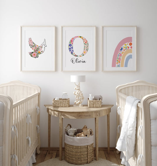 Dove Flower Personalised Set of 3 Girls Prints | Wall Art for Nursery, Bedroom or Playroom - RoseRowanDesign - Wall Art