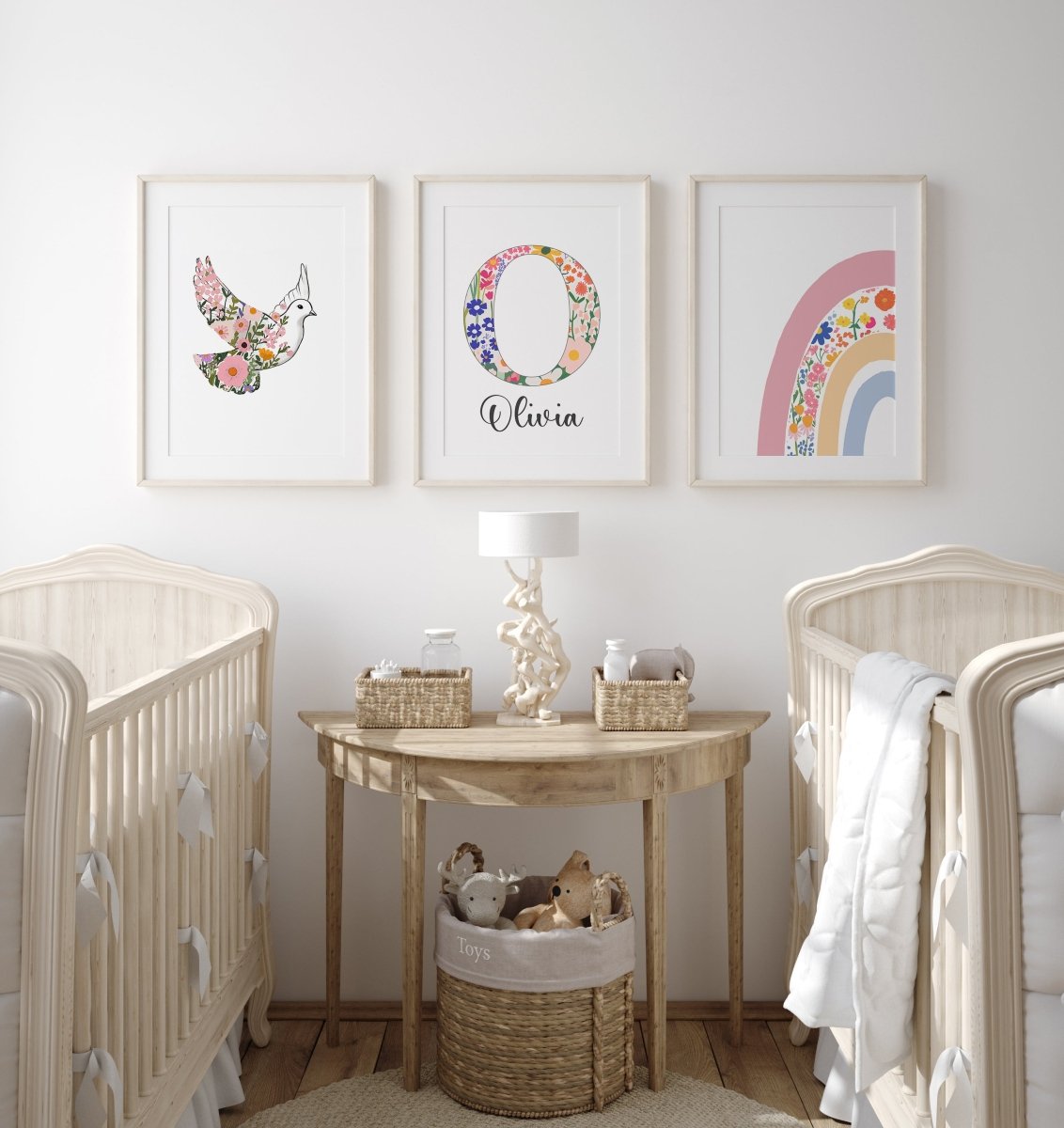 Dove Flower Personalised Set of 3 Girls Prints | Wall Art for Nursery, Bedroom or Playroom - RoseRowanDesign - Wall Art