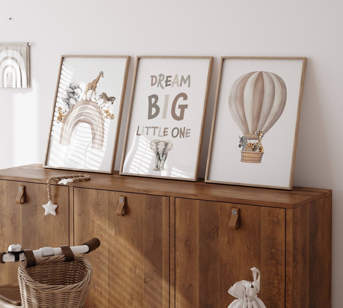 Dream Big Safari Animals, Rainbow and Hot Air Balloon | Beige | Set of 3 Nursery Prints - RoseRowanDesign -
