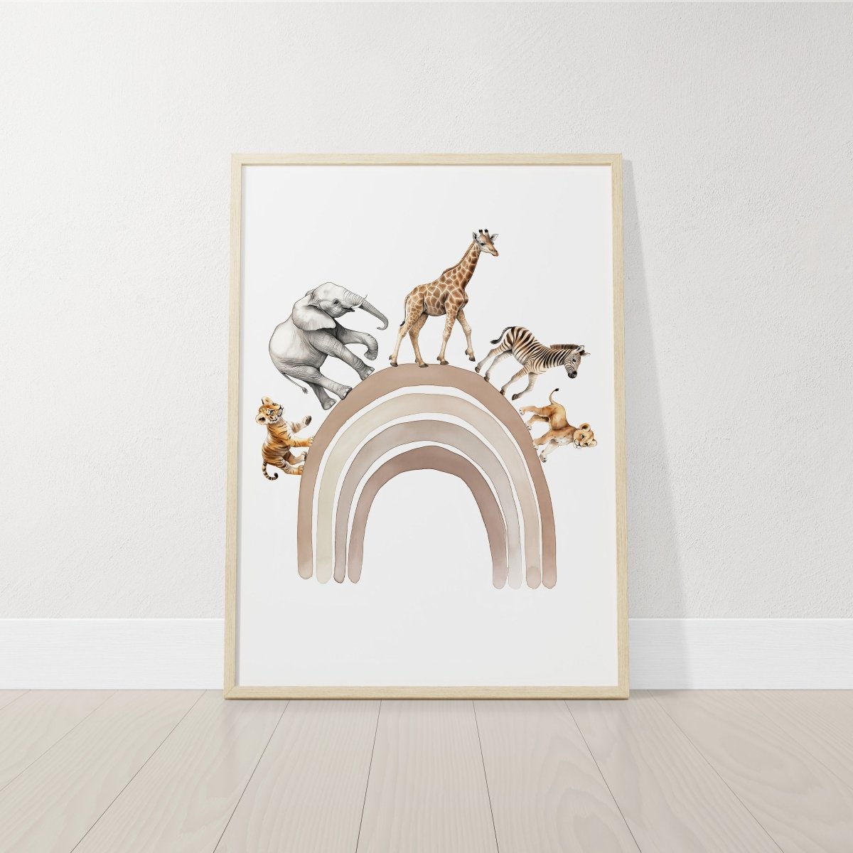 Dream Big Safari Animals, Rainbow and Hot Air Balloon | Beige | Set of 3 Nursery Prints - RoseRowanDesign -