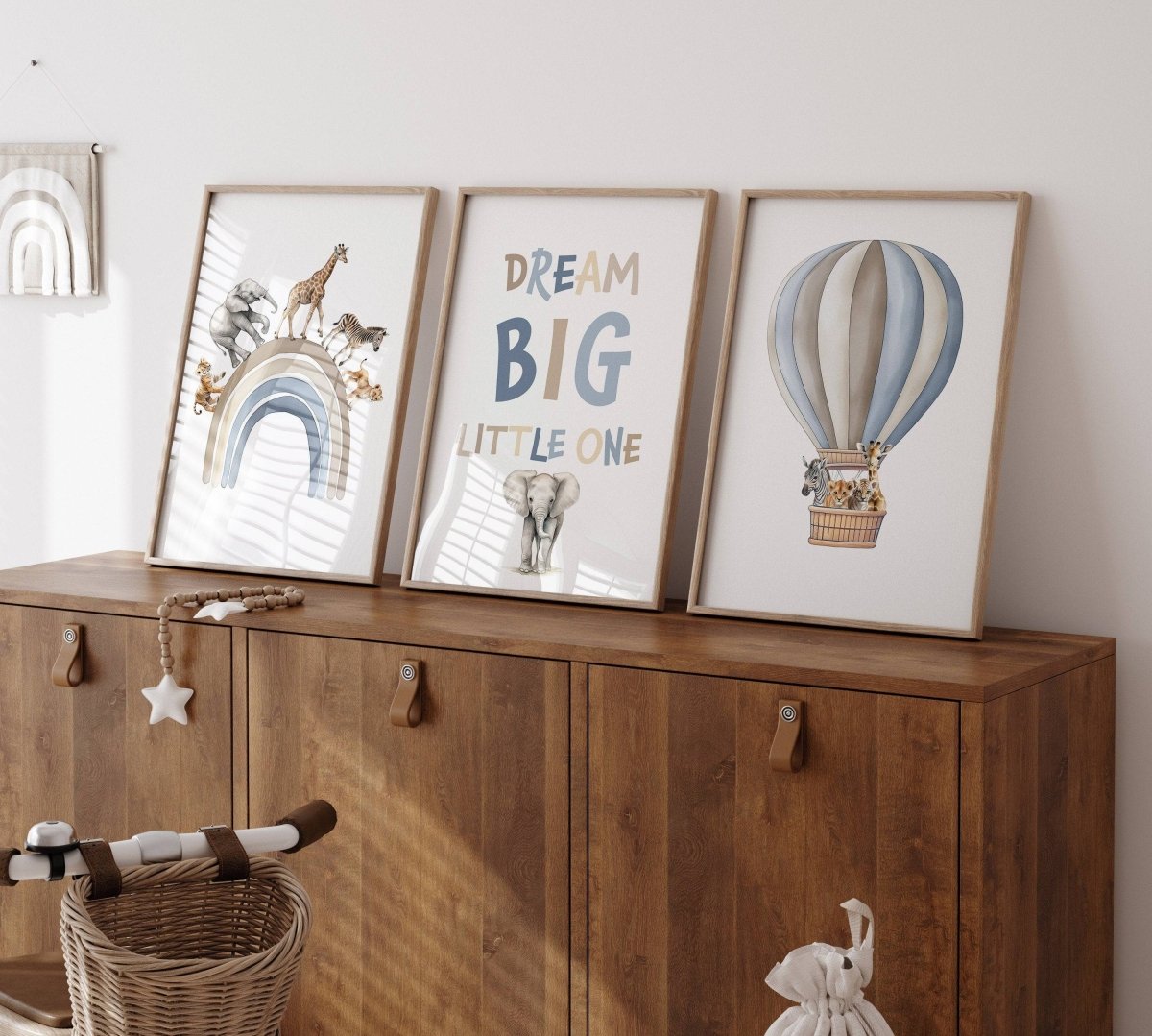 Dream Big Safari Animals, Rainbow and Hot Air Balloon | Blue | Set of 3 Nursery Prints - RoseRowanDesign -
