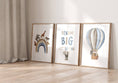 Load image into Gallery viewer, Dream Big Safari Animals, Rainbow and Hot Air Balloon | Blue | Set of 3 Nursery Prints - RoseRowanDesign -